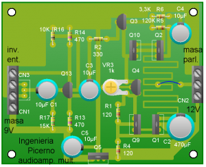 Fig.5 Plano de armado de la plaqueta con inversor, control de volumen, regulador y sin capacitor de salida (por claridad no se coloc&oacute; el disipador)