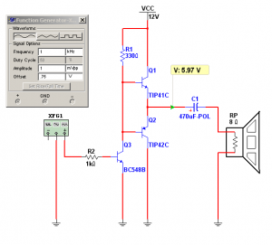 Fig.2 Amplificador de potencia b&aacute;sico excitado por un generador de funciones