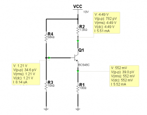 Fig.3 Polarizaci&oacute;n de un amplificador NPN en disposici&oacute;n emisor com&uacute;n